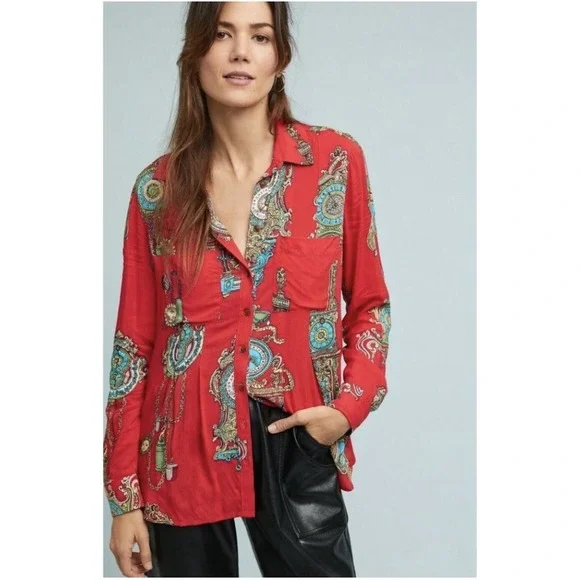 Maeve Anthropologie Whimsy Button Up Shirt Women Sz 6 Red All Over Print Motif - Picture 1 of 9